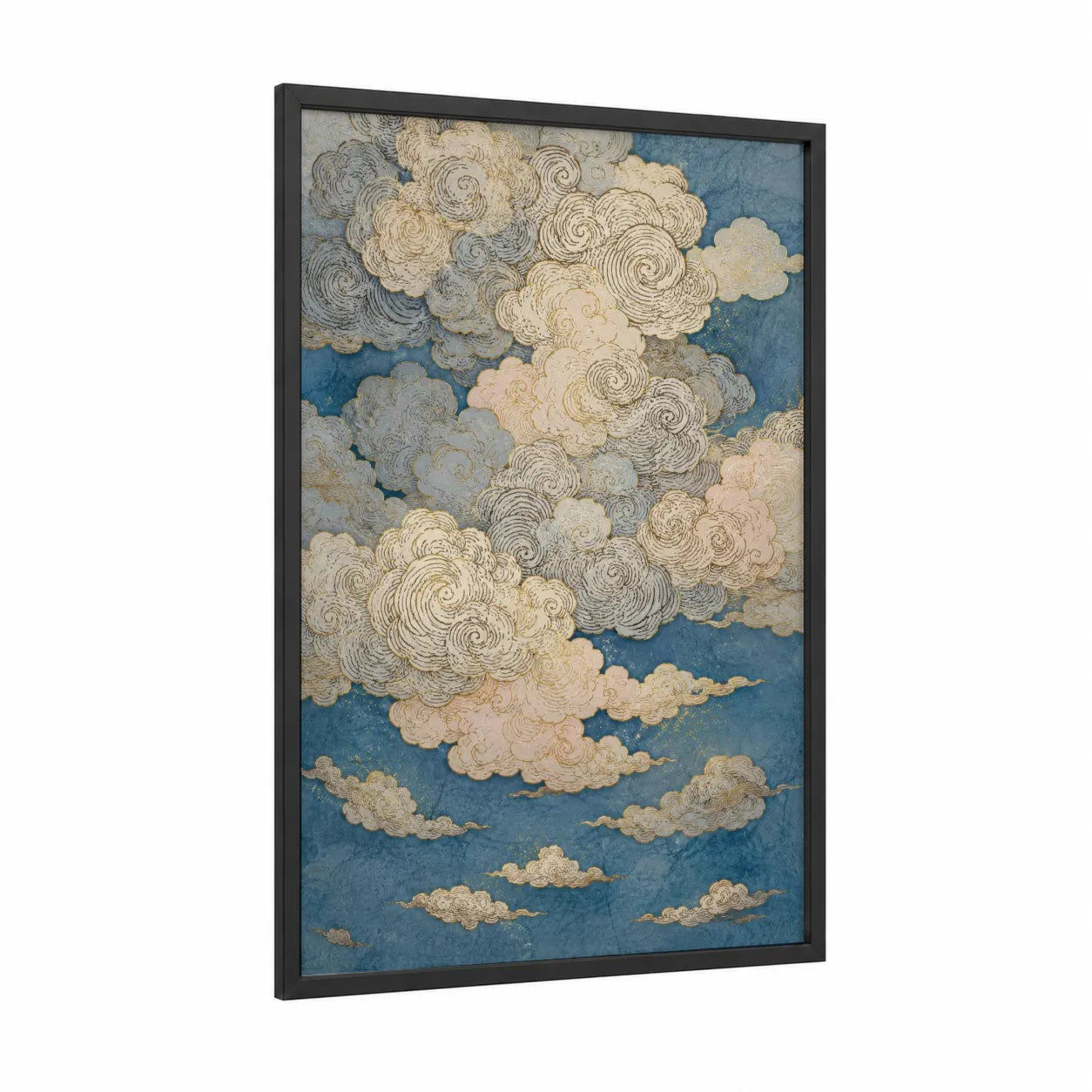 Japanese Cloud Sky Wall Art framed art print — black wood frame — blue and gold palette