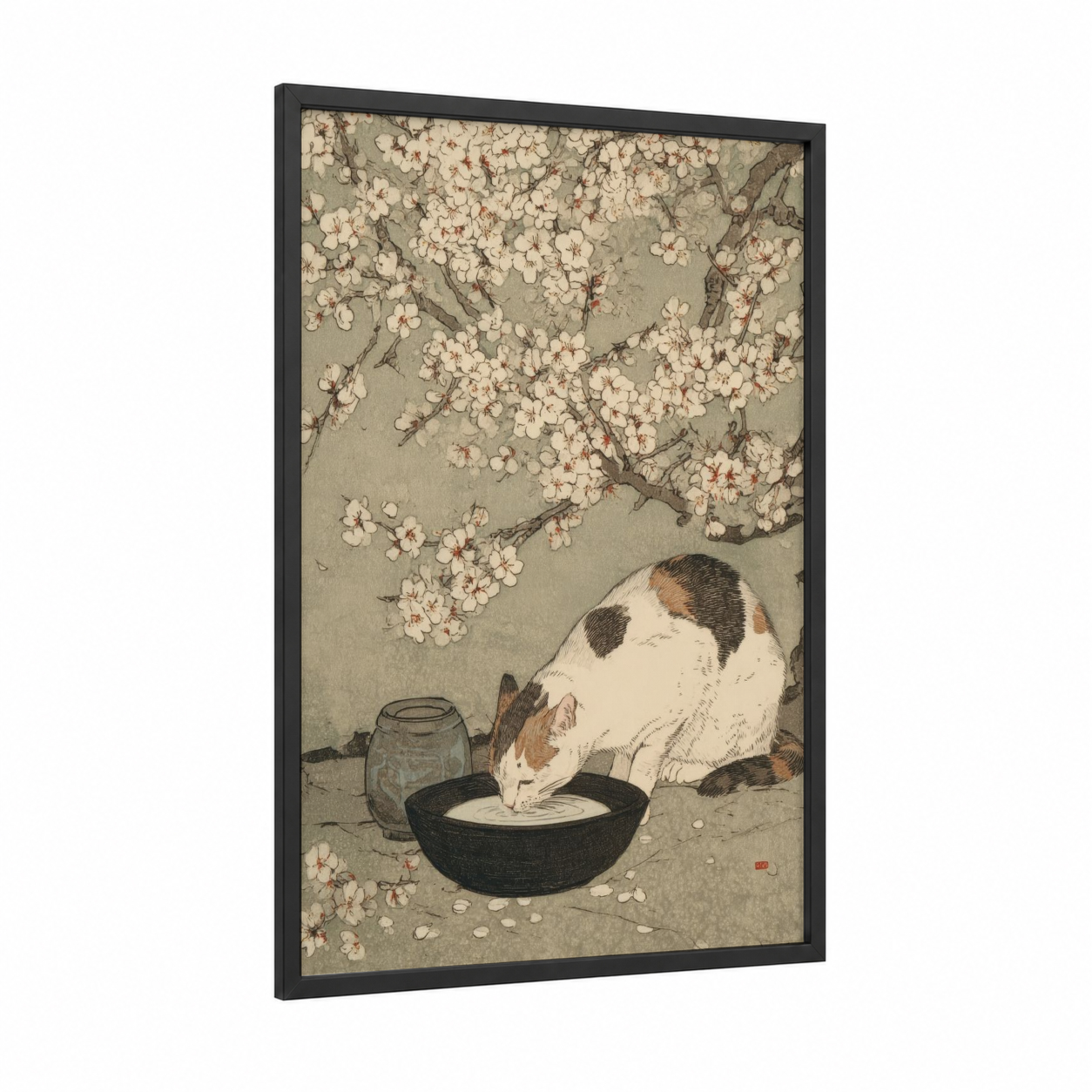 Cat's Milk Bowl framed art print — black wood frame — sage green and cream palette