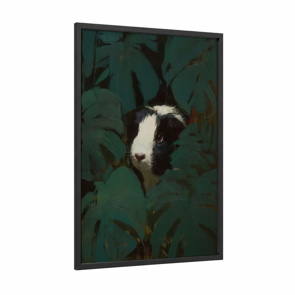 Garden Guinea Pig framed art print — black wood frame — dark green and black and white palette