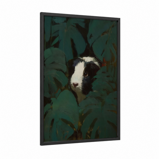 Garden Guinea Pig framed art print — black wood frame — dark green and black and white palette