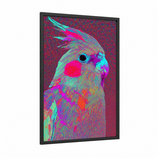 Neon Cockatiel framed art print — black wood frame — magenta palette