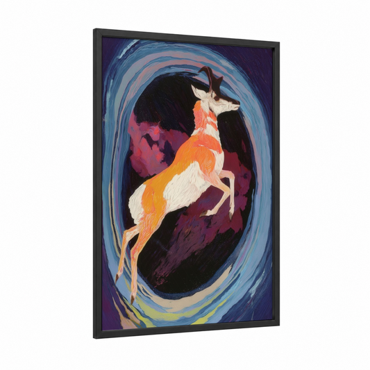 Leaping Antelope framed art print — black wood frame — blue and purple palette