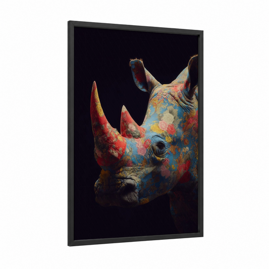 Floral Rhino framed art print — black wood frame — red and blue palette