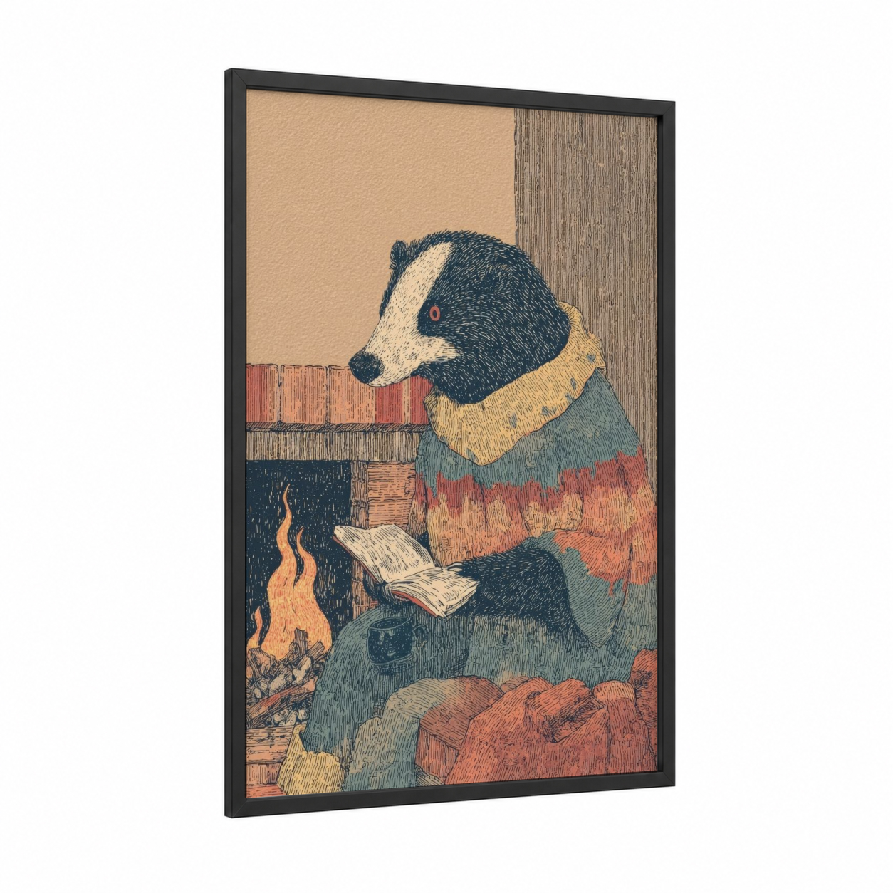 Cozy Bear Reader framed sloth bear print — black wood frame — sage green palette