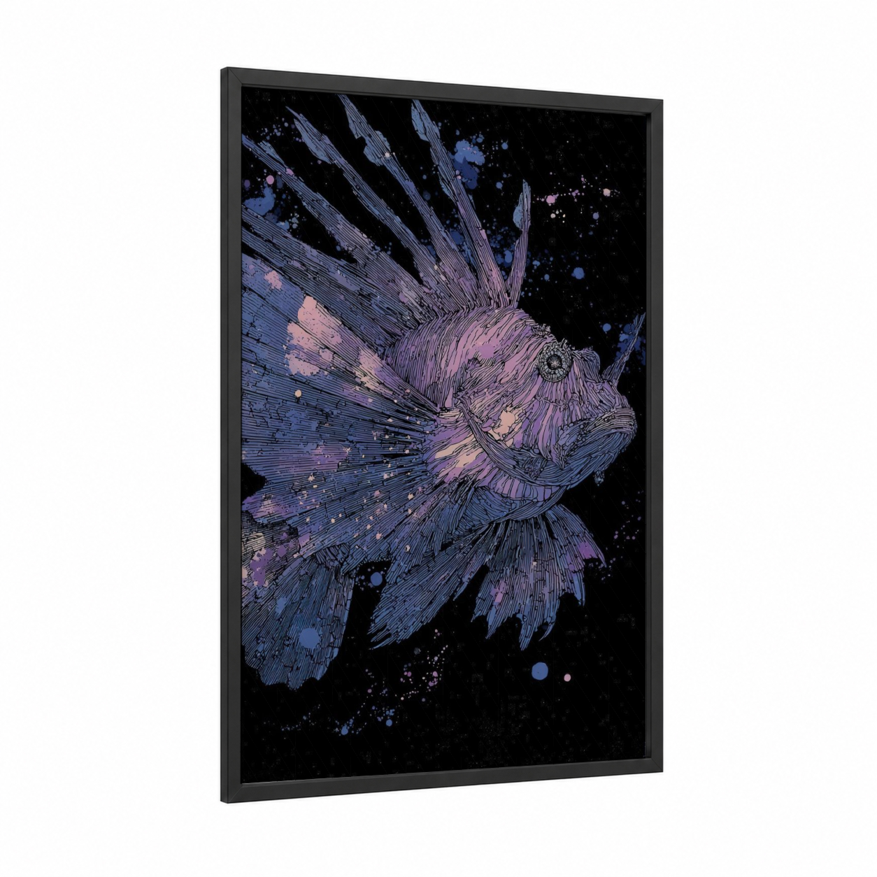Lionfish framed art print — black wood frame — lavender and blue palette
