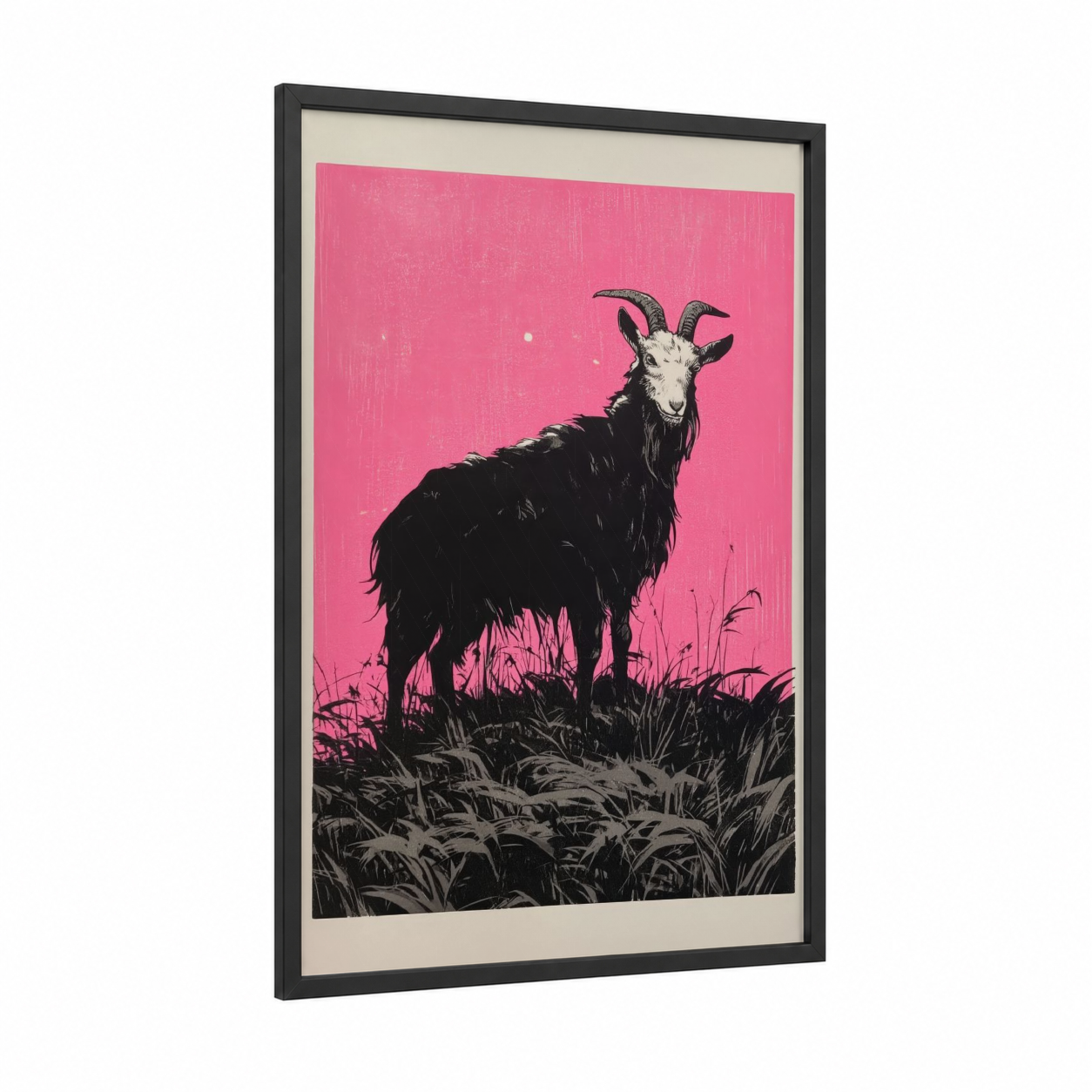 Pink Goat Portrait framed art print — black wood frame — magenta and black and white palette