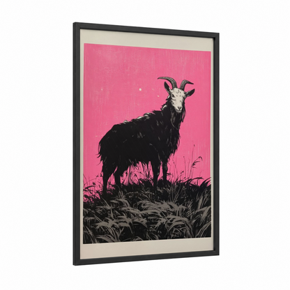 Pink Goat Portrait framed art print — black wood frame — magenta and black and white palette