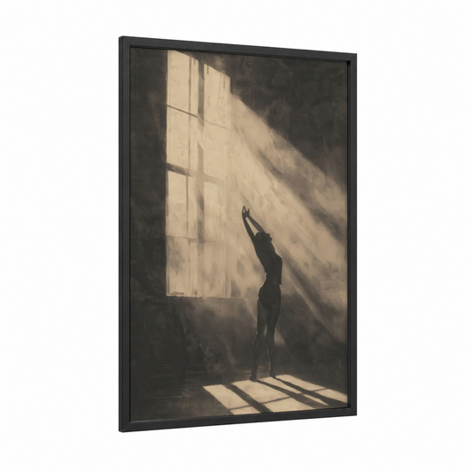 Sunlit Yoga framed fitness yoga print — black wood frame — gray and cream palette