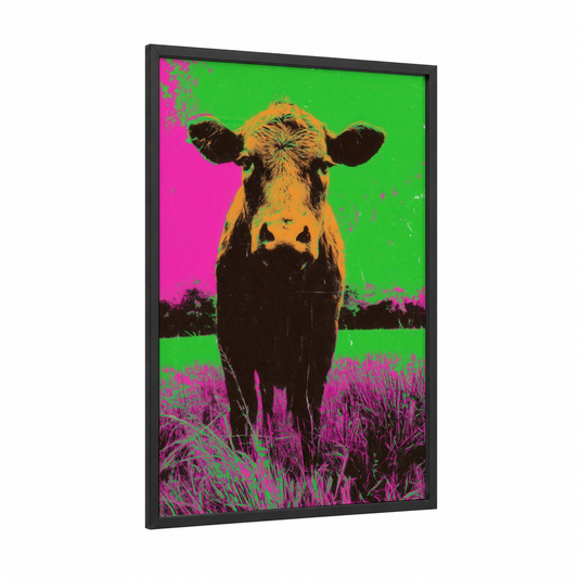 Pop Art Angus framed angus cow print — black wood frame — lime green and magenta palette