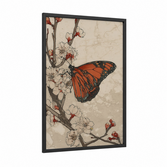 Monarch Blossom framed butterfly print — black wood frame — russet and cream palette
