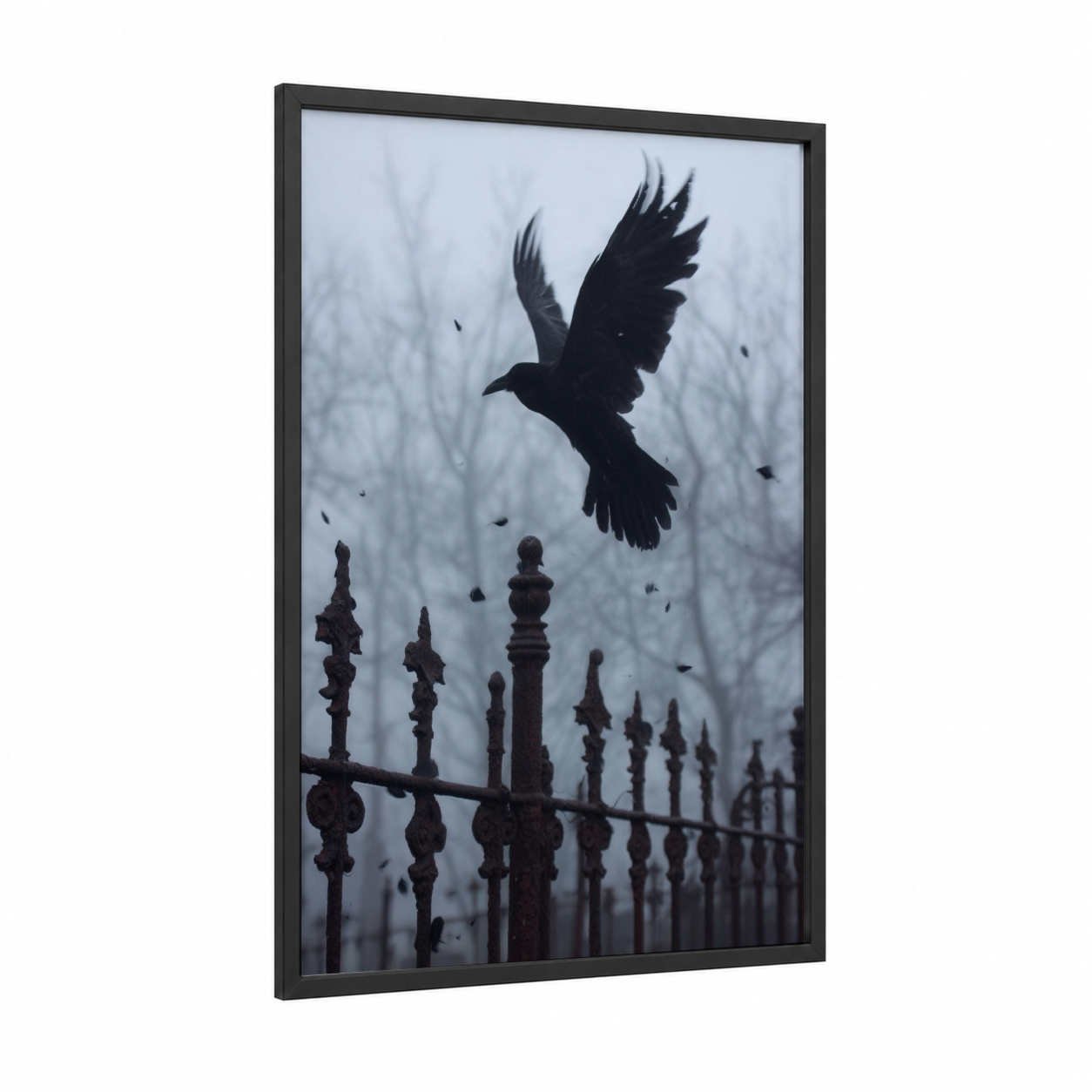 Moody Raven Flight framed crows and ravens print — black wood frame — black and white and gray palette