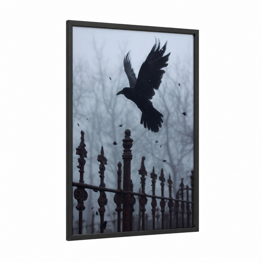 Moody Raven Flight framed crows and ravens print — black wood frame — black and white and gray palette