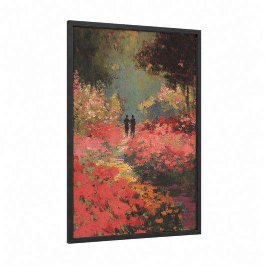 Flower Field Romance framed couple print — black wood frame — red and gold palette