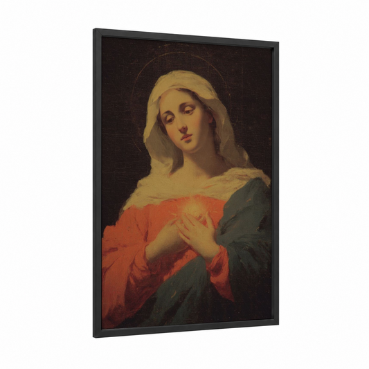 Serene Madonna framed virgin mary print — black wood frame — red and gold palette