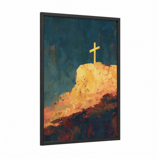 Golden Summit Cross framed christian symbols print — black wood frame — gold and dark blue palette