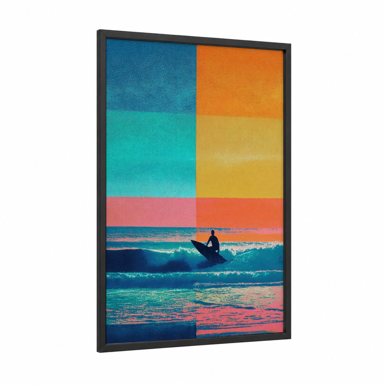Vibrant Surfer framed water surfing print — black wood frame — orange and turquoise palette