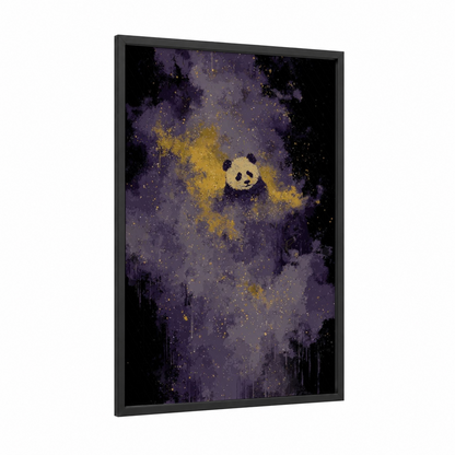 Cosmic Panda framed art print — black wood frame — purple and yellow gold palette