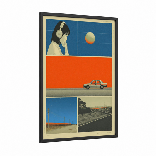 Neon Dreamer framed japanese y2k print — black wood frame — blue and orange palette