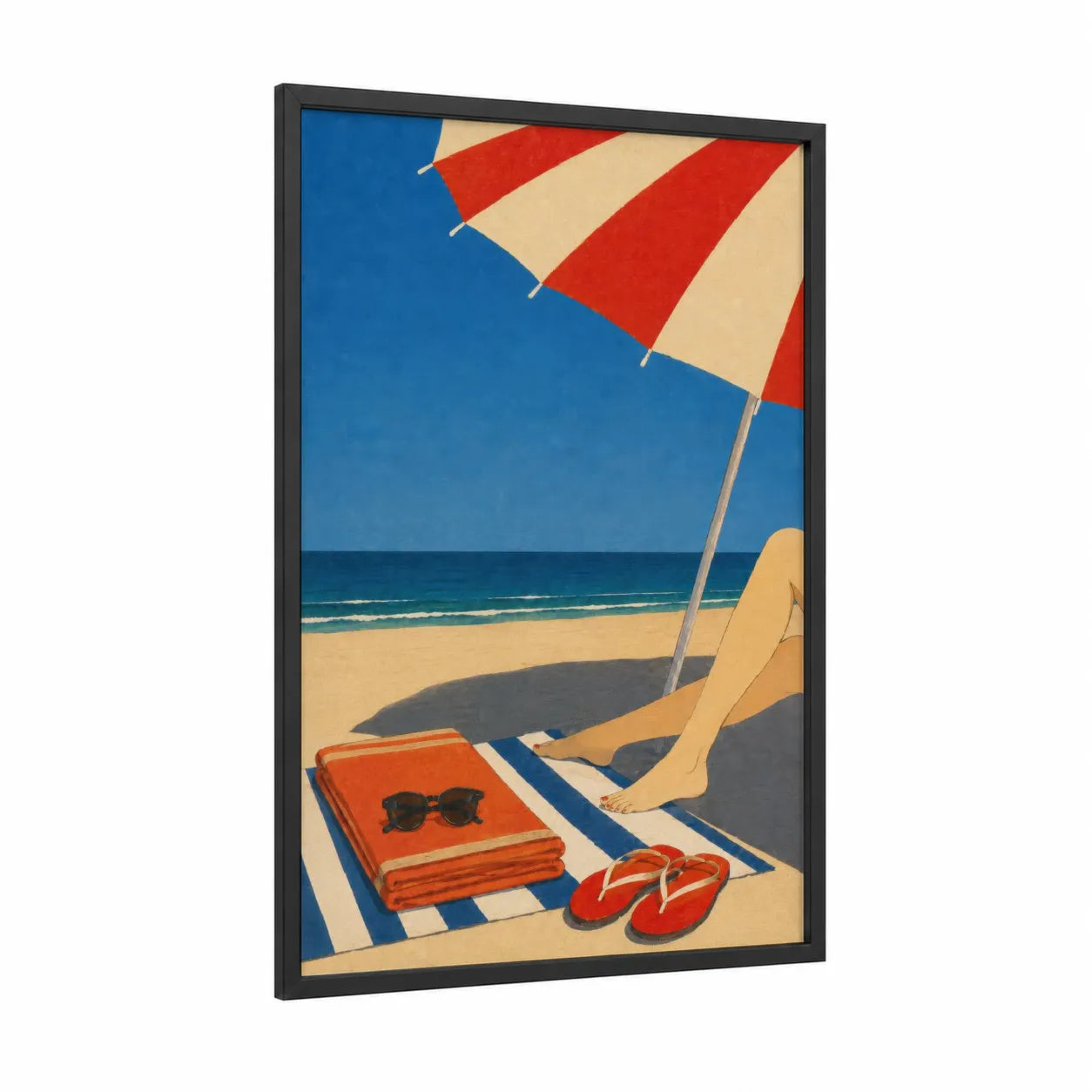 Beach Umbrella Minimalist Wall Art framed sandy beach print — black wood frame — blue and red palette