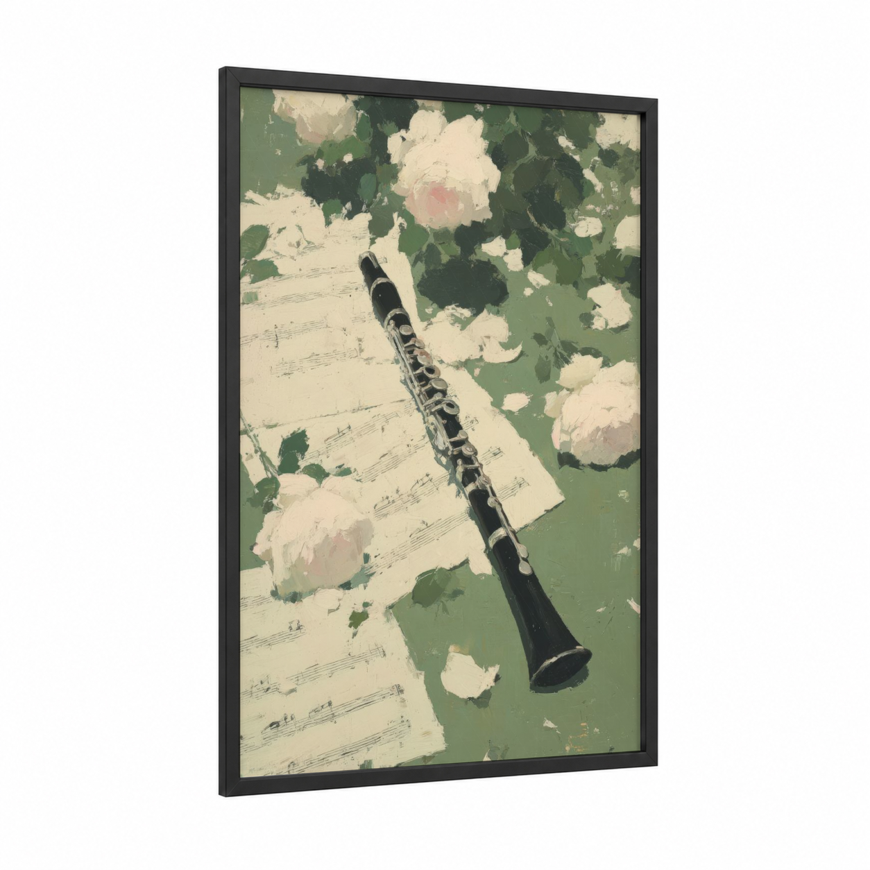 Clarinet Bloom framed art print — black wood frame — green and cream palette