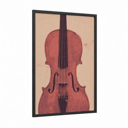 Crimson Violin framed art print — black wood frame — salmon pink and dark blue palette