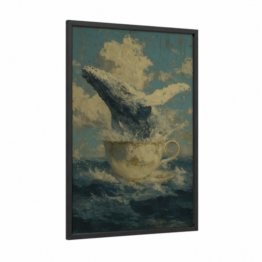 Teacup Whale framed humpback whale print — black wood frame — teal and cream palette