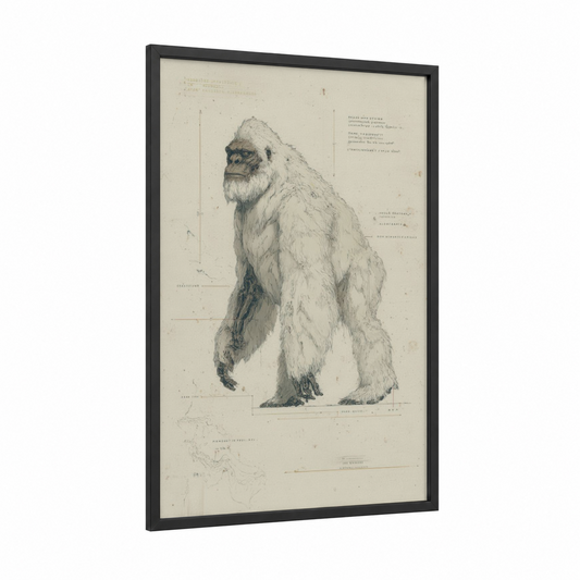 Snowy Yeti framed art print — black wood frame — cream and black and white palette