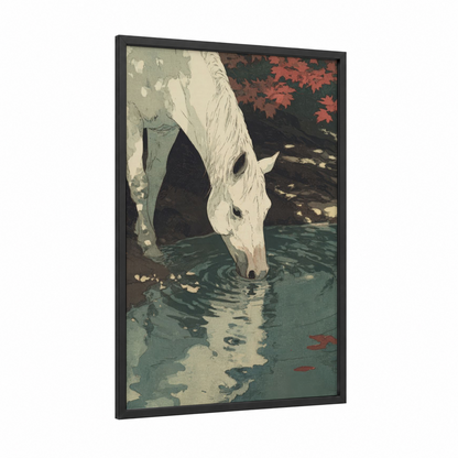 Serene Water Drink framed horseback print — black wood frame — cream and teal palette