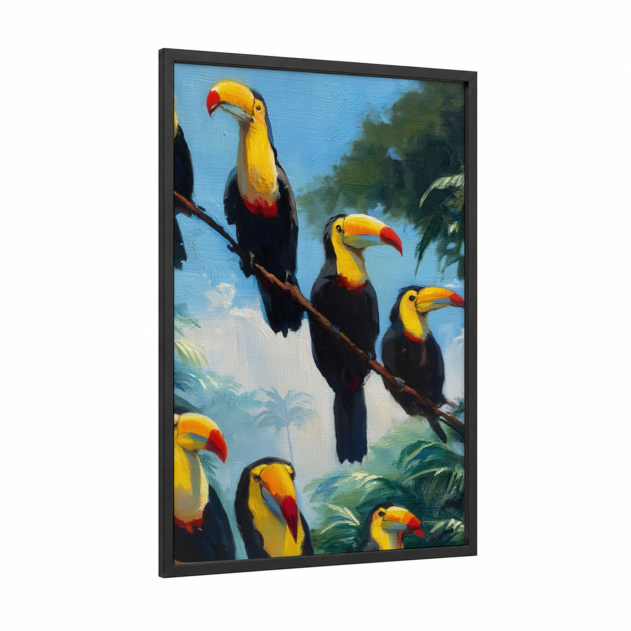 Tropical Toucan Trio framed art print — black wood frame — blue and gold palette