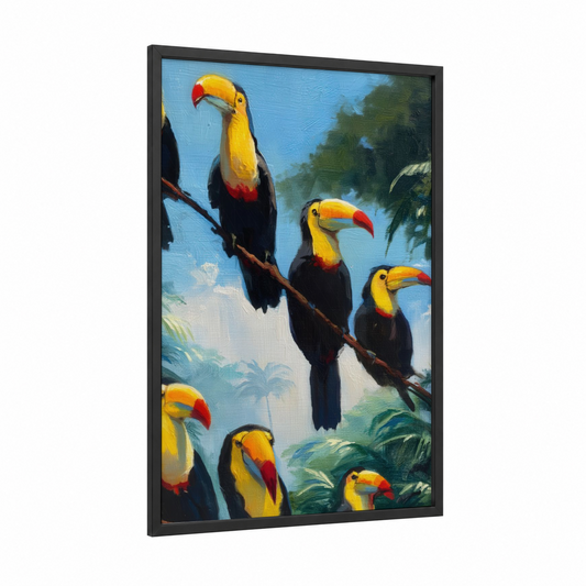 Tropical Toucan Trio framed art print — black wood frame — blue and gold palette