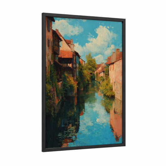 Venetian Canal Street framed art print — black wood frame — blue and russet palette