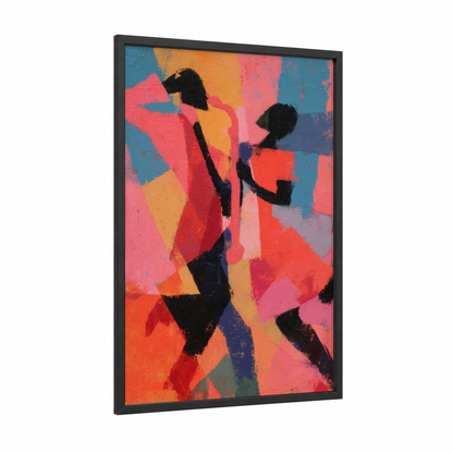 Vibrant Swing Dancers framed art print — black wood frame — magenta and yellow gold palette