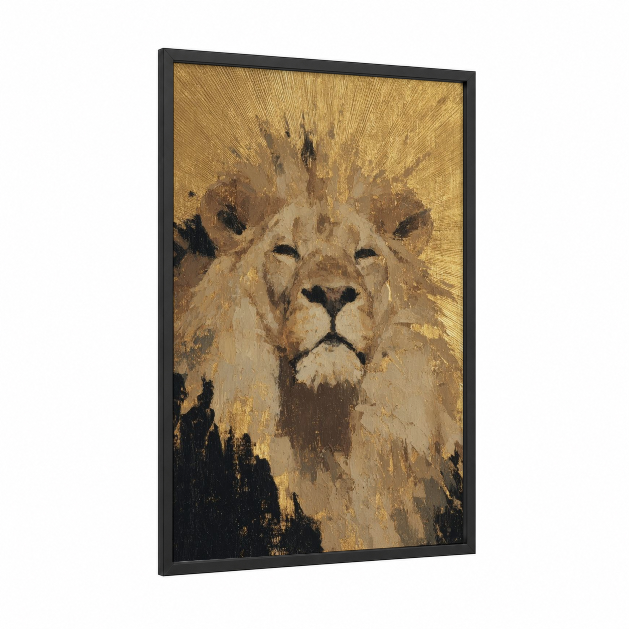 Golden Leo framed art print — black wood frame — gold and brown palette