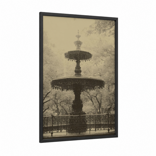 Vintage Park Fountain framed fountains print — black wood frame — cream and espresso palette