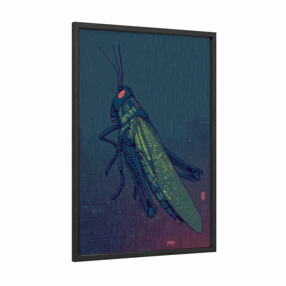 Neon Grasshopper framed art print — black wood frame — dark blue and lime green palette