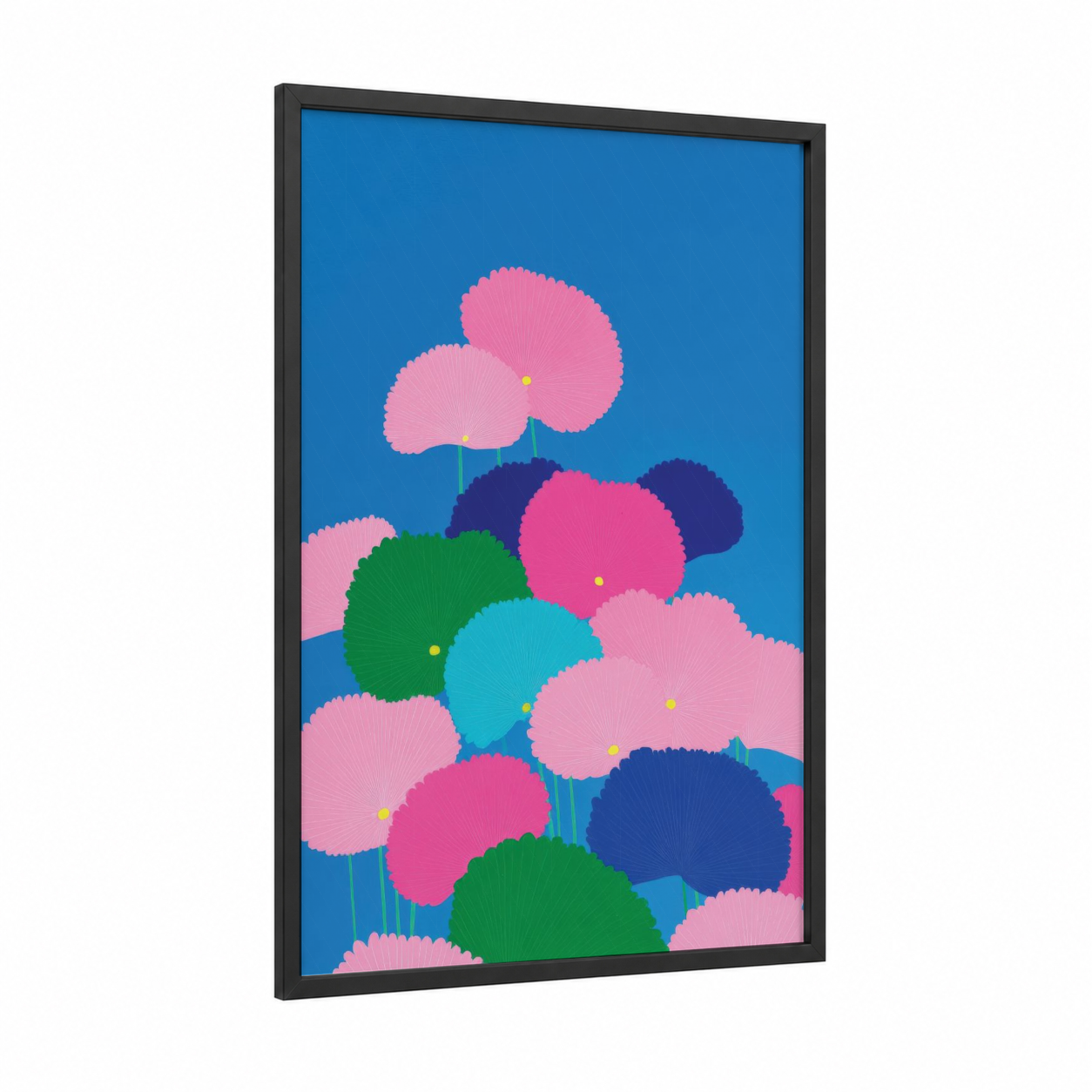 Vibrant Lotus Garden framed art print — black wood frame — pink and blue palette