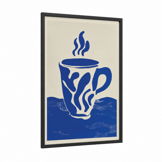 Steaming Coffee Art framed art print — black wood frame — blue and cream palette