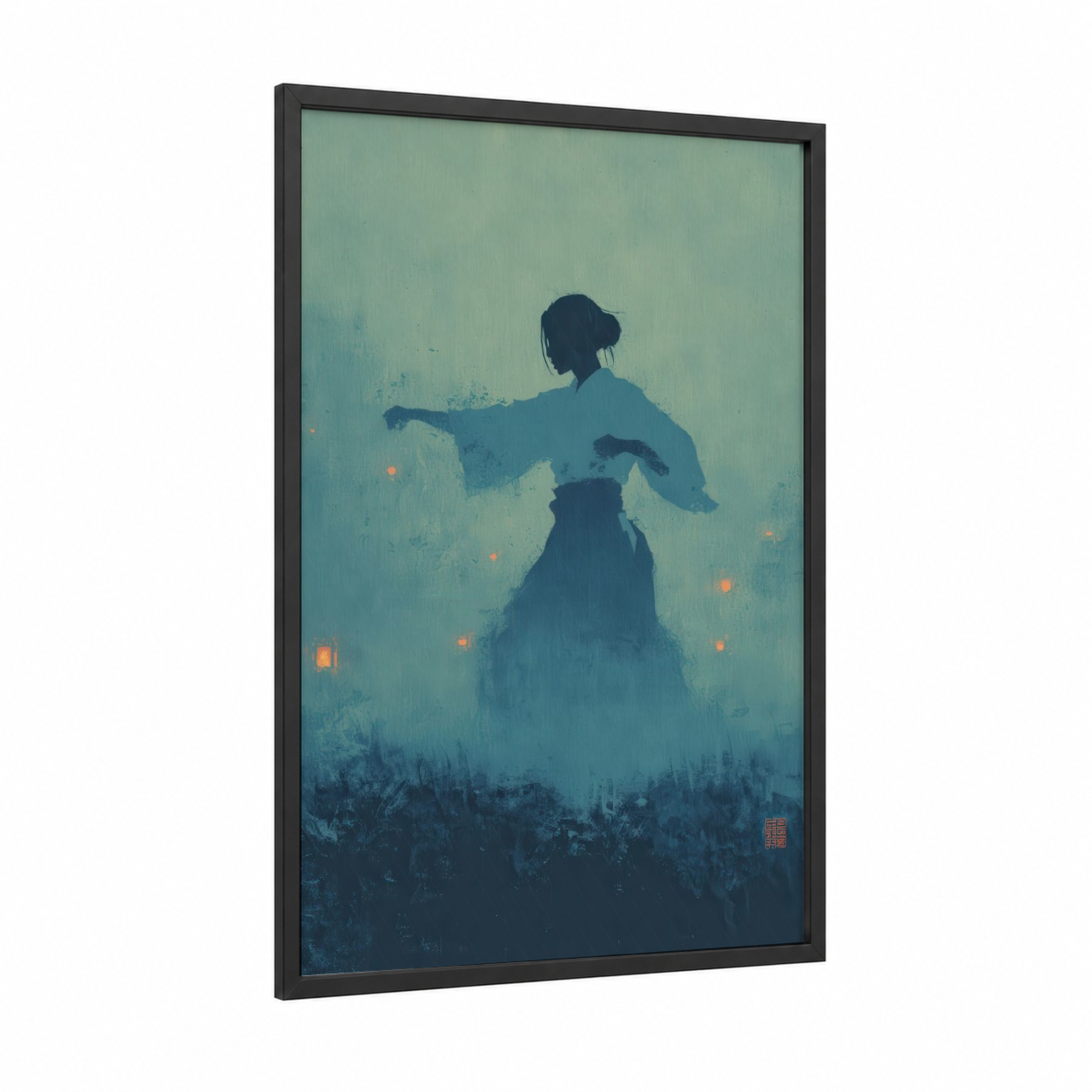 Ethereal Aikido framed art print — black wood frame — blue and teal palette