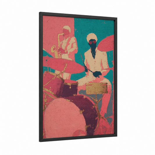 Funk Drummer framed art print — black wood frame — salmon pink and teal palette