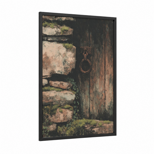 Rustic Cellar Door framed wineries and cellars print — black wood frame — russet and gray palette