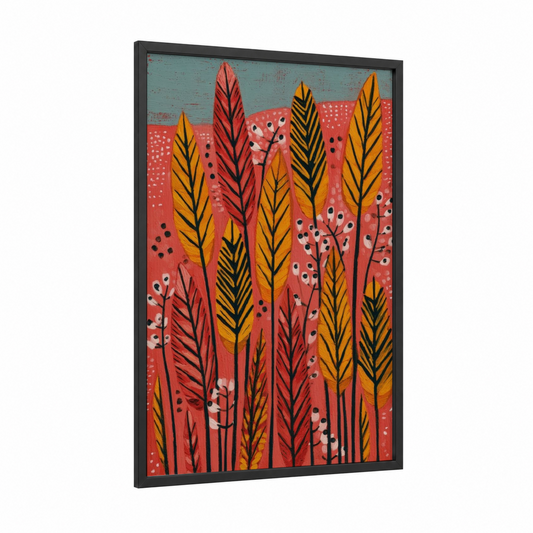Autumn Grain Field framed art print — black wood frame — orange and blue palette