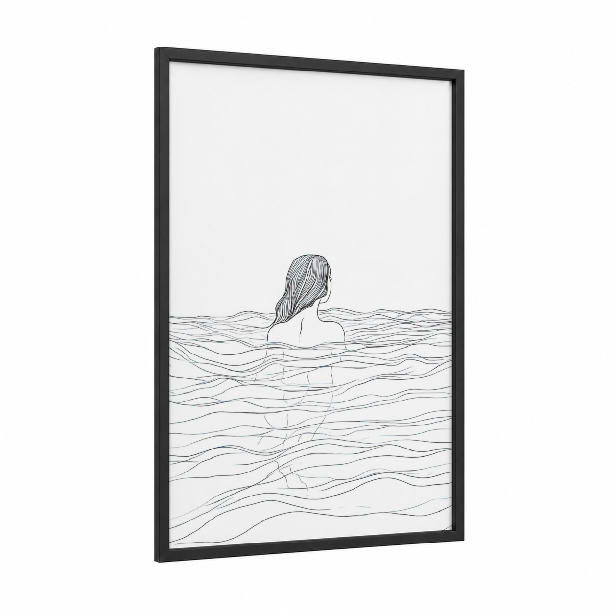 Swimming Woman framed art print — black wood frame — black and white palette