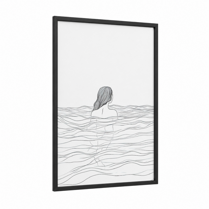 Swimming Woman framed art print — black wood frame — black and white palette
