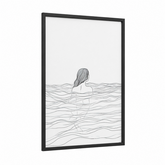 Swimming Woman framed art print — black wood frame — black and white palette