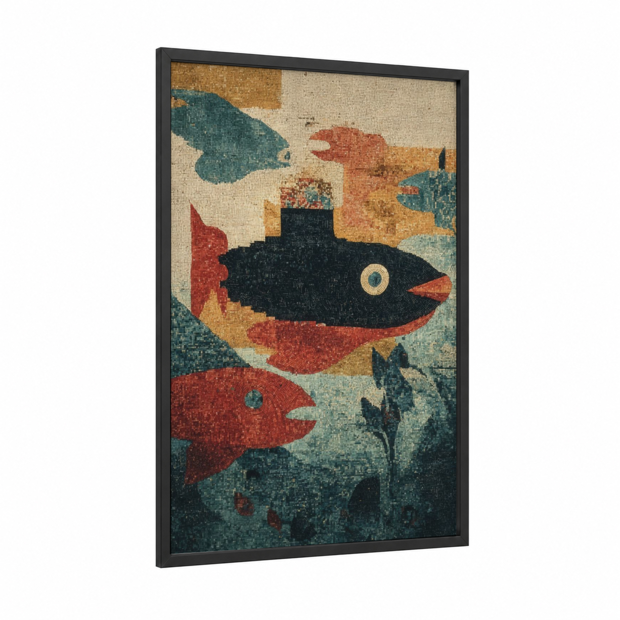 Submarine Adventure framed art print — black wood frame — teal and russet palette