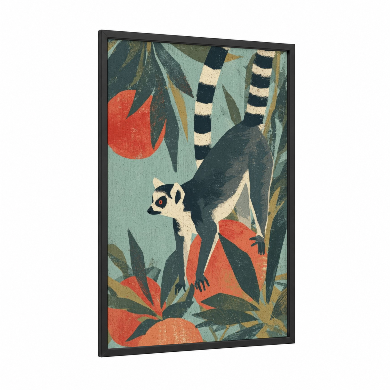 Striped Lemur framed art print — black wood frame — teal and orange palette