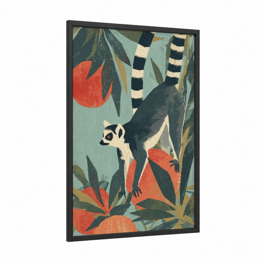 Striped Lemur framed art print — black wood frame — teal and orange palette