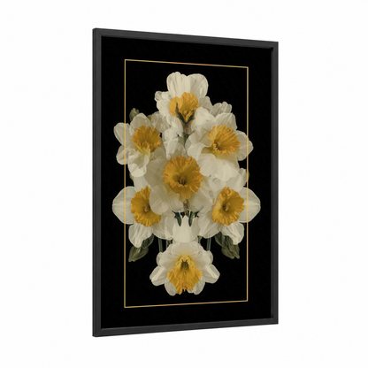 Golden Daffodil Cluster framed daffodils print — black wood frame — white and gold palette