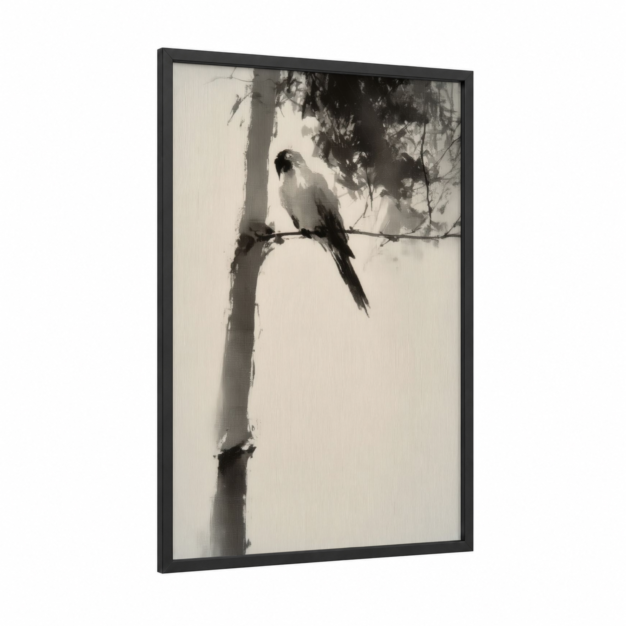 Perched Parrot framed safari parrots print — black wood frame — black and white and gray palette