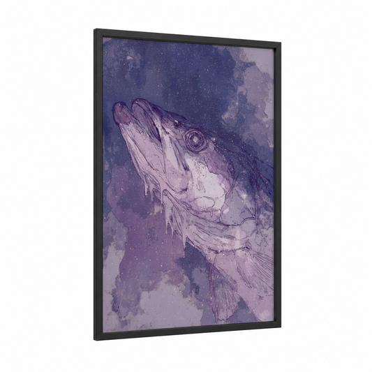 Ethereal Snook framed art print — black wood frame — purple and lavender palette